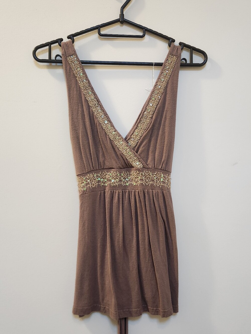 Brown Embellished V-Neck Mini Dress